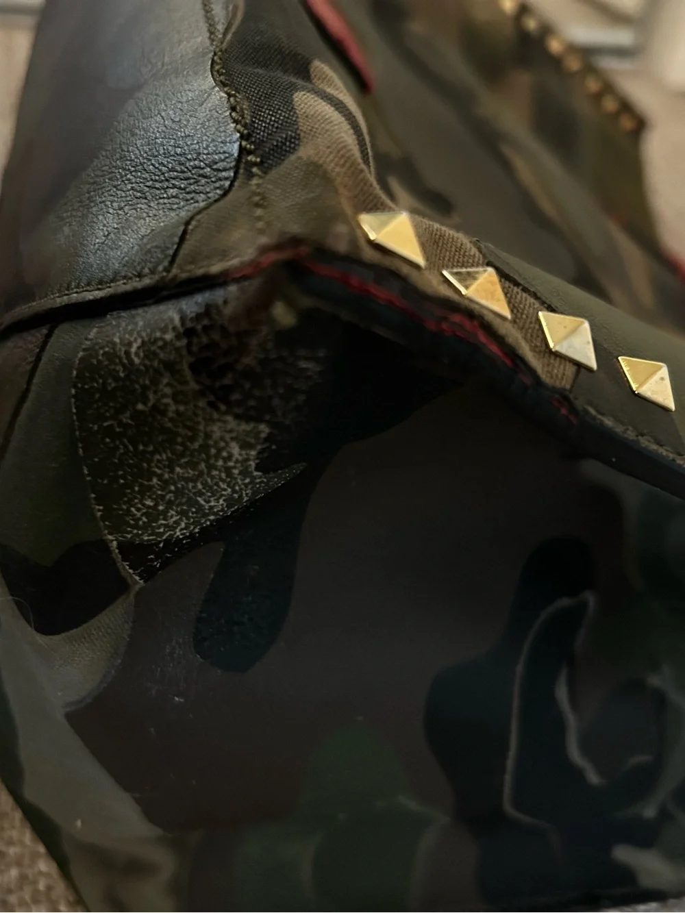 Valentino Garavani Rockstud Camouflage Tote with Red Handles and Gold Studs